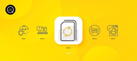 Illustration for Update document, Umbrella and Faq minimal line icons. Yellow abstract background. Stop voting, Washing machine icons. For web, application, printing. Refresh file, Shield secure, Web support. Vector - Royalty Free Image