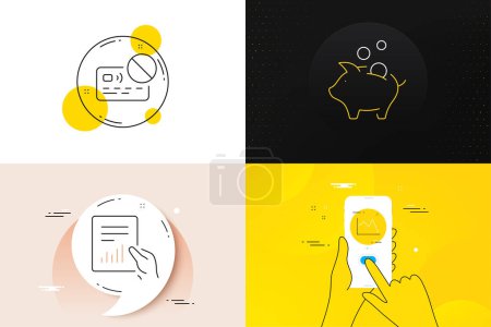 Illustration for Minimal set of Card, Document and Piggy bank line icons. Phone screen, Quote banners. Line chart icons. For web development. Bank payment, File with diagram, Money investment. Financial graph. Vector - Royalty Free Image