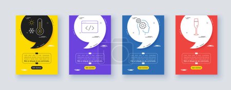 Illustration for Set of Thoughts, Weather thermometer and Seo script line icons. Poster offer frame with quote, comma. Include Champagne glass icons. For web, application. Vector - Royalty Free Image