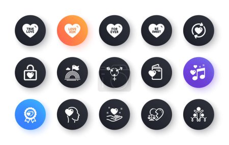 Illustration for Minimal set of Friend, True love and Be sweet flat icons for web development. For ever, Love document, Divorce lawyer icons. Wedding locker, Lgbt, Genders web elements. Vector - Royalty Free Image