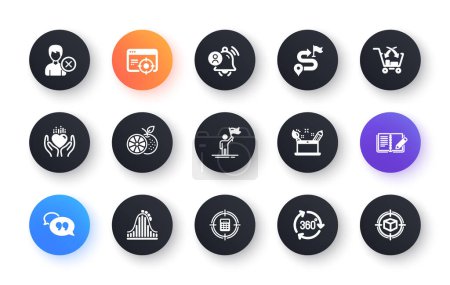 Illustration for Minimal set of 360 degree, Roller coaster and Orange flat icons for web development. Feedback, Creativity concept, Calculator target icons. Remove account, Cross sell. Circle buttons with icon. Vector - Royalty Free Image