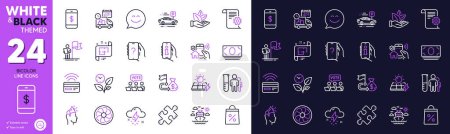 Illustration for Online voting, Fan engine and Medical analyzes line icons for website, printing. Collection of Smile chat, Solar panels, Info app icons. Thunderstorm weather, Organic product. Vector - Royalty Free Image