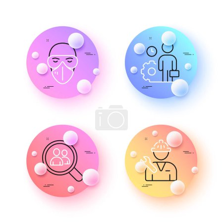 Ilustración de Empleado, máscara médica y los empleados de búsqueda iconos de línea mínima. esferas 3d o botones de bolas. Iconos de reparador. Para web, aplicación, impresión. Vector - Imagen libre de derechos