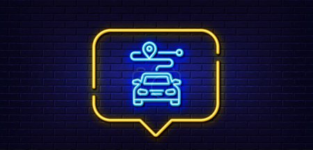 Illustration for Neon light speech bubble. Journey line icon. Road path sign. Car route map symbol. Neon light background. Journey glow line. Brick wall banner. Vector - Royalty Free Image