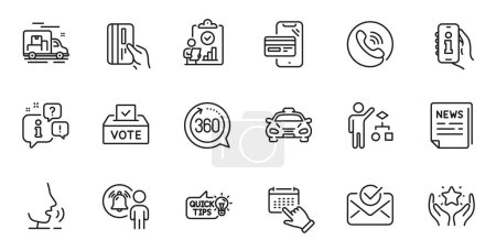 Illustration for Outline set of Ranking, Online shopping and 360 degrees line icons for web application. Talk, information, delivery truck outline icon. Include Approved mail, Inspect, Taxi icons. Vector - Royalty Free Image