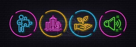 Illustration for Skyscraper buildings, Helping hand and Puzzle minimal line icons. Neon laser 3d lights. Loud sound icons. For web, application, printing. Town architecture, Startup palm, Human with puzzle. Vector - Royalty Free Image