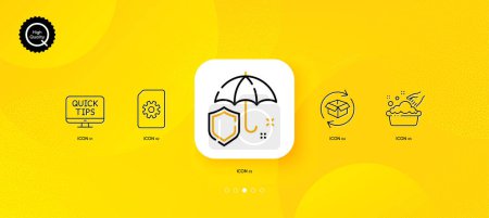 Illustration for Return parcel, Umbrella and Web tutorials minimal line icons. Yellow abstract background. Hand washing, File management icons. For web, application, printing. Vector - Royalty Free Image