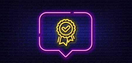 Illustration for Neon light speech bubble. Approved award line icon. Accepted certificate sign. Confirmed medal symbol. Neon light background. Approved award glow line. Brick wall banner. Vector - Royalty Free Image
