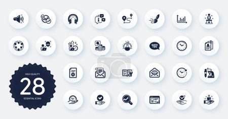Illustration for Set of Education icons, such as Quickstart guide, Success and Inspect flat icons. Approved, Mail newsletter, Difficult stress web elements. Loud sound, Cyber attack, Journey signs. Vector - Royalty Free Image