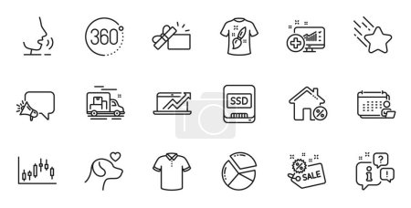 Illustration for Outline set of Ssd, Opened gift and Pie chart line icons for web application. Talk, information, delivery truck outline icon. Include Sale, 360 degrees, T-shirt icons. Vector - Royalty Free Image