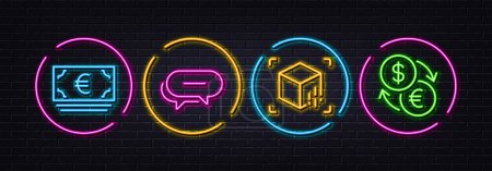 Illustration for Dots message, Euro currency and Augmented reality minimal line icons. Neon laser 3d lights. Currency exchange icons. For web, application, printing. Chat bubble, Eur banking, Virtual reality. Vector - Royalty Free Image