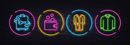 Illustration for Bathrobe, Luggage and Wallet money minimal line icons. Neon laser 3d lights. Shirt icons. For web, application, printing. Bath housecoat, Baggage locker, Coins. Casual wear. Vector - Royalty Free Image