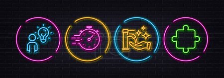 Illustration for Washing hands, Group people and Timer minimal line icons. Neon laser 3d lights. Puzzle icons. For web, application, printing. Hygiene care, Business meeting, Deadline management. Puzzle piece. Vector - Royalty Free Image