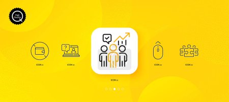 Illustration for Puzzle, Wallet and Swipe up minimal line icons. Yellow abstract background. Faq, Business statistics icons. For web, application, printing. Jigsaw, No cash money, Scrolling page. Web support. Vector - Royalty Free Image
