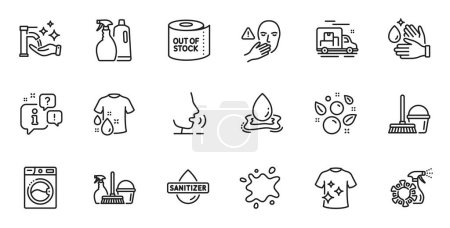 Ilustración de Conjunto de bosquejos de papel higiénico, burbujas limpias e iconos de la línea de camisetas Wash para aplicaciones web. Hablar, información, entrega icono contorno del camión. Vector - Imagen libre de derechos
