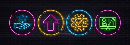 Illustration for Service, Wind energy and Upload minimal line icons. Neon laser 3d lights. Analytics graph icons. For web, application, printing. Cogwheel gear, Breeze power, Load arrowhead. Growth report. Vector - Royalty Free Image