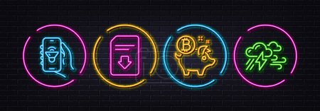 Illustration for Music app, Bitcoin coin and Download file minimal line icons. Neon laser 3d lights. Bad weather icons. For web, application, printing. Smartphone sound, Piggy bank, Load document. Clouds. Vector - Royalty Free Image