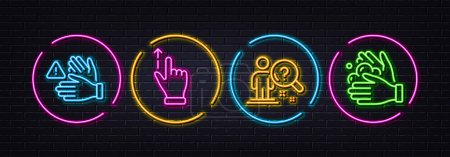 Illustration for Touchscreen gesture, Search employee and Dont touch minimal line icons. Neon laser 3d lights. Wash hands icons. For web, application, printing. Slide up, Questions for candidate, Clean hands. Vector - Royalty Free Image