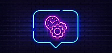 Illustration for Neon light speech bubble. Time management line icon. Clock sign. Gear symbol. Neon light background. Time management glow line. Brick wall banner. Vector - Royalty Free Image