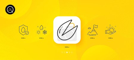 Illustration for Weather, Pistachio nut and Sunny weather minimal line icons. Yellow abstract background. Waterproof, Mountain flag icons. For web, application, printing. Climate, Vegetarian food, Hold sun. Vector - Royalty Free Image