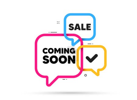 Illustration for Coming soon tag. Ribbon bubble chat banner. Discount offer coupon. Promotion banner sign. New product release symbol. Coming soon adhesive tag. Promo banner. Vector - Royalty Free Image