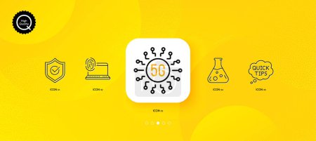 Illustration for Chemistry lab, Approved shield and Quick tips minimal line icons. Yellow abstract background. 5g technology, Computer fingerprint icons. For web, application, printing. Vector - Royalty Free Image
