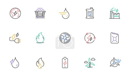 Illustration for Energy types line icons. Coal Trolley and Hydroelectric Power icons. Sustainable Electricity, Battery Energy, Fuel canister. Windmill power, Coal mine and Hydroelectricity. Vector - Royalty Free Image