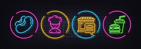 Illustration for Cooking chef, Beans and Food market minimal line icons. Neon laser 3d lights. Hamburger icons. For web, application, printing. Sous-chef, Vegetarian seed, Burger restaurant. Burger with drink. Vector - Royalty Free Image
