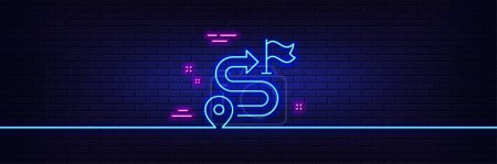 Illustration for Neon light glow effect. Journey line icon. Road path sign. Route map distance symbol. 3d line neon glow icon. Brick wall banner. Journey outline. Vector - Royalty Free Image