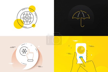 Illustration for Minimal set of 5g internet, Freezing click and Umbrella line icons. Phone screen, Quote banners. Cogwheel icons. For web development. Wifi communication, Air conditioner, Safe secure. Vector - Royalty Free Image