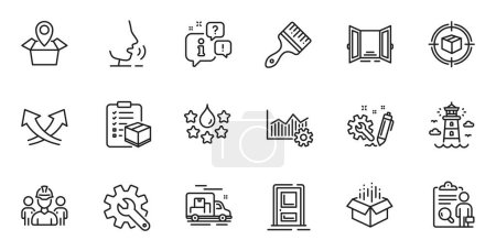 Illustration for Outline set of Package location, Lighthouse and Brush line icons for web application. Talk, information, delivery truck outline icon. Include Open door, Parcel checklist, Engineering icons. Vector - Royalty Free Image
