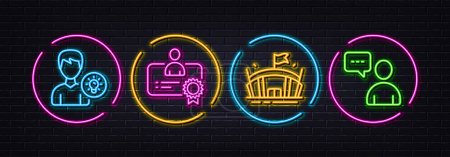 Illustration for Certificate, Arena and Person idea minimal line icons. Neon laser 3d lights. Users chat icons. For web, application, printing. Best employee, Sport stadium, Lamp energy. Communication concept. Vector - Royalty Free Image
