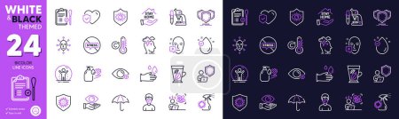 Illustration for Vitamin e, Mint leaves and Stop stress line icons for website, printing. Collection of Difficult stress, Rubber gloves, Recovered person icons. Coronavirus spray, Farsightedness. Vector - Royalty Free Image