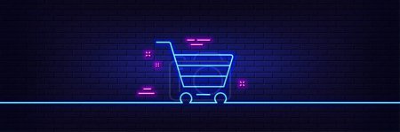 Neon light glow effect. Shopping cart line icon. Online buying sign. Supermarket basket symbol. 3d line neon glow icon. Brick wall banner. Market sale outline. Vector