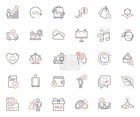Illustration for Business icons set. Included icon as Smile face, Video conference and Search employee web elements. Road banner, Sale offer, Uv protection icons. Leaf, Justice scales, Wedding rings web signs. Vector - Royalty Free Image