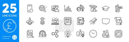 Illustration for Outline icons set. Fake internet, Court judge and Fake news icons. Copywriting, Cloud computing, Inspiration web elements. Pound money, Graduation cap, Presentation signs. Employee. Vector - Royalty Free Image