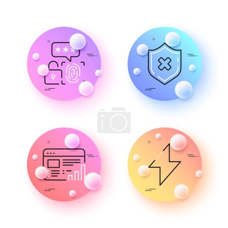 Energy, Biometric security and Web report minimal line icons. 3d spheres or balls buttons. Reject protection icons. For web, application, printing. Thunderbolt, Fingerprint secure, Graph chart. Vector