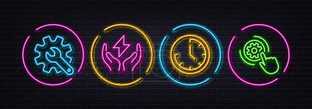 Illustration for Customisation, Time and Safe energy minimal line icons. Neon laser 3d lights. Cogwheel settings icons. For web, application, printing. Settings, Clock, Thunderbolt. Engineering tool. Vector - Royalty Free Image