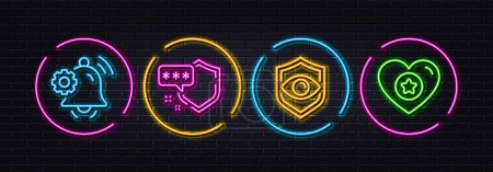 Illustration for Shield, Eye detect and Notification bell minimal line icons. Neon laser 3d lights. Heart icons. For web, application, printing. Safe secure, Retina check, Service notice. Star rating. Vector - Royalty Free Image