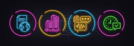 Illustration for Biometric security, Translation service and Skyscraper buildings minimal line icons. Neon laser 3d lights. Select alarm icons. For web, application, printing. Vector - Royalty Free Image