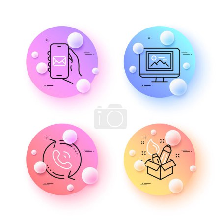 Illustration for Creativity, Photo thumbnail and Mail app minimal line icons. 3d spheres or balls buttons. Call center icons. For web, application, printing. Design idea, Image monitor, Smartphone email. Vector - Royalty Free Image