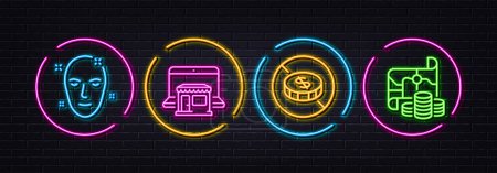 Illustration for No cash, Health skin and Marketplace minimal line icons. Neon laser 3d lights. Treasure map icons. For web, application, printing. Tax free, Clean face, Online shop. Finance investment. Vector - Royalty Free Image