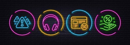 Illustration for 5g internet, Warning and Headphones minimal line icons. Neon laser 3d lights. Loan percent icons. For web, application, printing. Wifi quality, Important message, Music listening device. Vector - Royalty Free Image