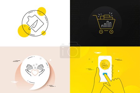 Illustration for Minimal set of Discounts bubble, Cutting board and Seo shopping line icons. Phone screen, Quote banners. Hold heart icons. For web development. Sale message, Knife, Analytics. Friendship. Vector - Royalty Free Image