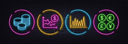 Illustration for Dollar rate, Line graph and Tips minimal line icons. Neon laser 3d lights. Money currency icons. For web, application, printing. Currency trade, Market diagram, Cash coins. Neon lights buttons. Vector - Royalty Free Image