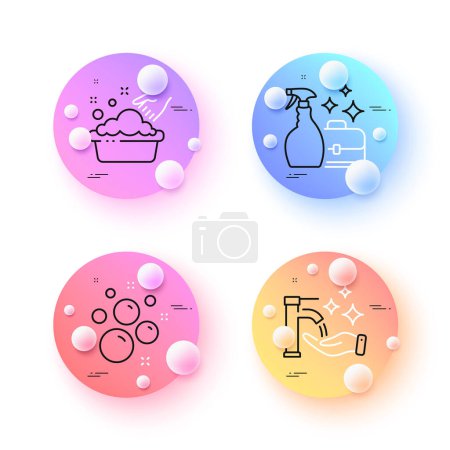 Illustration for Hand washing, Washing hands and Clean bubbles minimal line icons. 3d spheres or balls buttons. Cleanser spray icons. For web, application, printing. Vector - Royalty Free Image