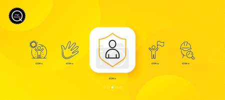Illustration for Leadership, Inspect and Hand minimal line icons. Yellow abstract background. Security, Coronavirus protection icons. For web, application, printing. Winner flag, Builder review, Swipe. Vector - Royalty Free Image