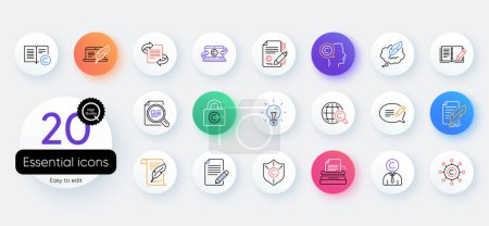 Illustration for Copywriting book line icons. Bicolor outline web elements. Set of Copyright protection, Signature and Feedback icons. Typewriter, Idea and message copywriting. Vector - Royalty Free Image
