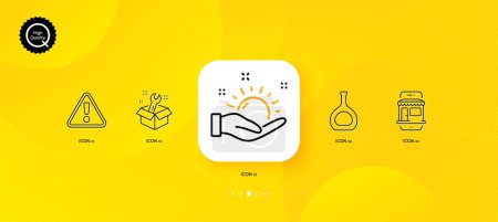 Illustration for Marketplace, Warning and Spanner minimal line icons. Yellow abstract background. Cognac bottle, Sunny weather icons. For web, application, printing. Vector - Royalty Free Image