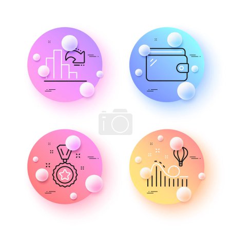 Illustration for Roller coaster, Decreasing graph and Winner reward minimal line icons. 3d spheres or balls buttons. Wallet icons. For web, application, printing. Attraction park, Column chart, Best award. Vector - Royalty Free Image